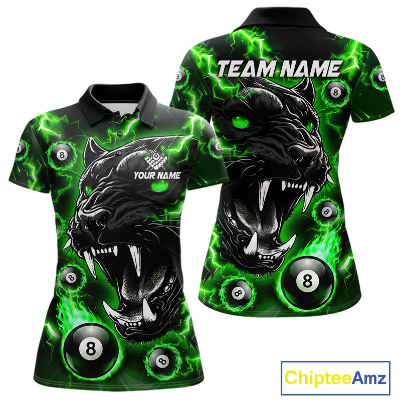 Green flaming panther 8 ball pool team polo shirt with custom billiard graphics, personalized billiard team jersey.