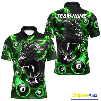 Green flaming panther 8 ball pool team polo shirt with custom billiard graphics, personalized billiard team jersey.