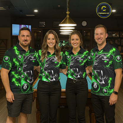 Pool team wearing matching green flaming panther 8 ball custom billiard jerseys during tournament competition front view.