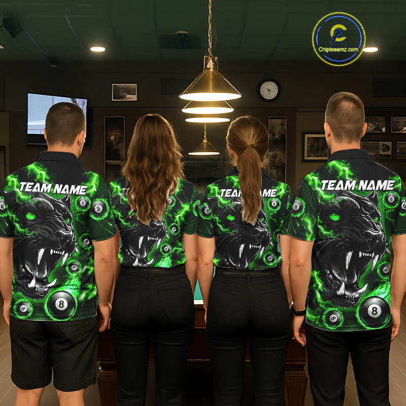 Back view of pool players wearing matching green flaming panther 8 ball billiard team shirts and custom pool jerseys.
