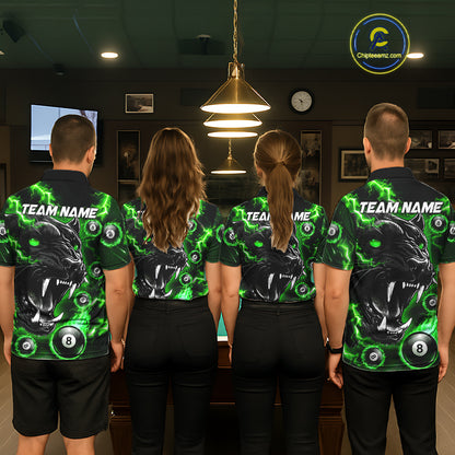 Back view of pool players wearing matching green flaming panther 8 ball billiard team shirts and custom pool jerseys.
