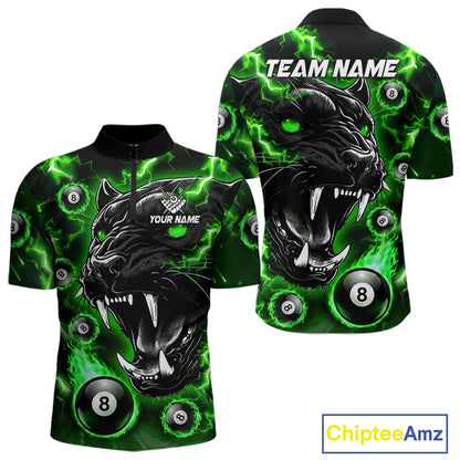 Green flaming panther 8 ball quarter zip billiard shirt for women, custom pool team jersey and tournament apparel.