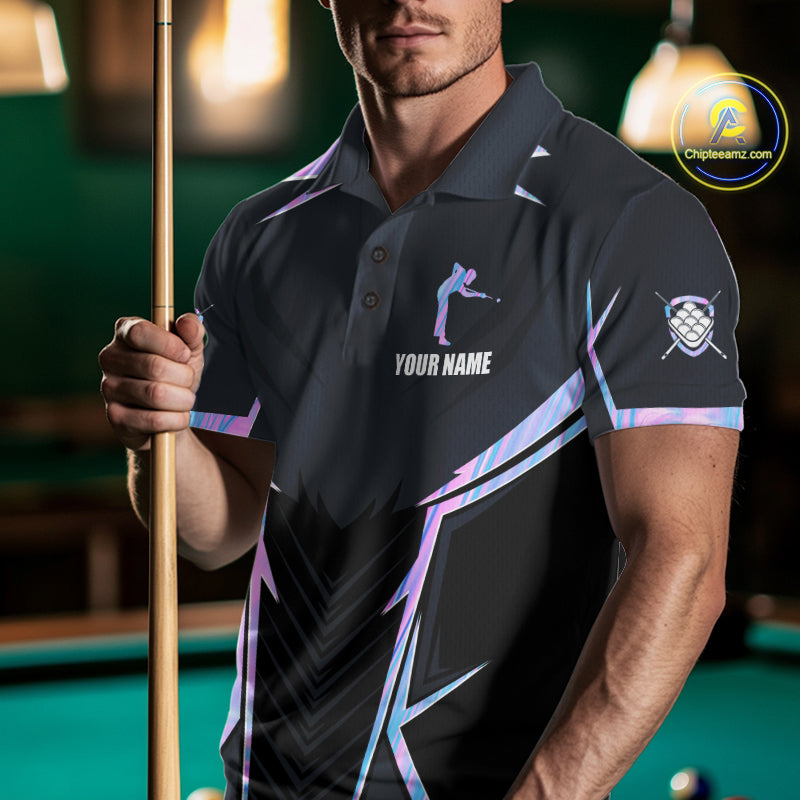 Man Wearing Holographic 8 Ball Pool Billiard Polo Shirt with Athletic Performance Fit and Vibrant Iridescent Graphic Design, Front View
