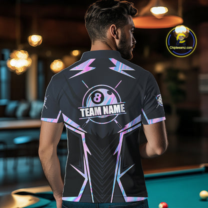 Man Wearing Holographic 8 Ball Pool Custom Billiard Team Jersey Featuring the Complete Rear Holographic Artwork, Back View