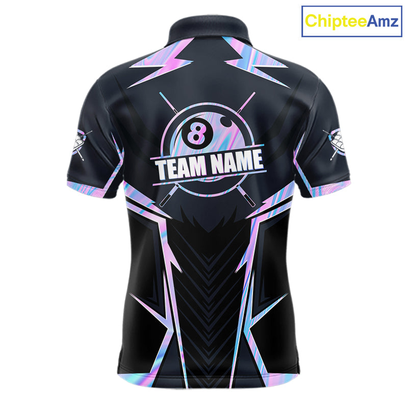 Custom Holographic 8 Ball Pool Polo Shirt Designed for Billiard League Teams with Eye Catching Color Effects and Athletic Performance Style