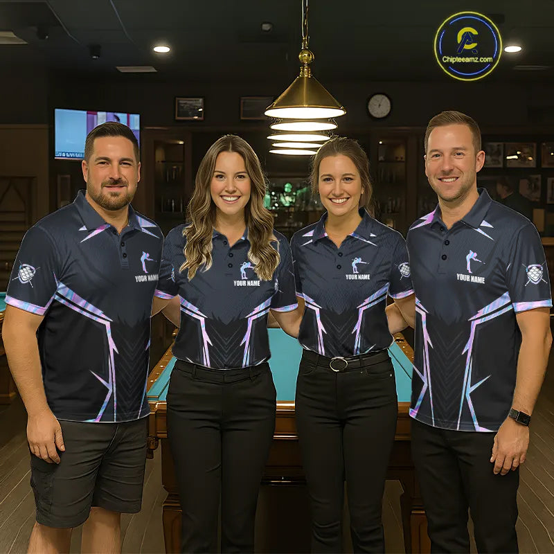 Pool Team Wearing Holographic 8 Ball Pool Billiard Jerseys During League Competition and Tournament Matches, Front View