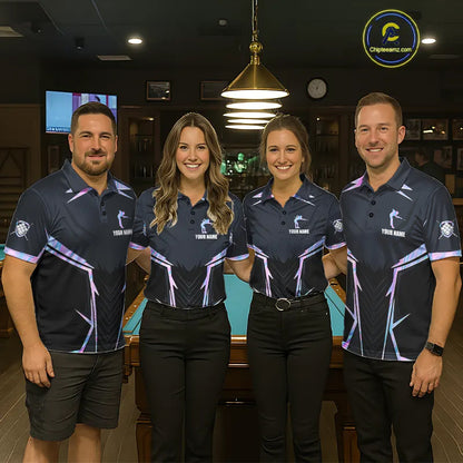 Pool Team Wearing Holographic 8 Ball Pool Billiard Jerseys During League Competition and Tournament Matches, Front View