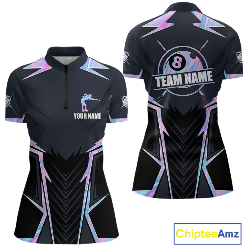 Holographic 8 Ball Pool Quarter Zip Billiard Shirt Created for Competitive Pool League Players with Performance Fabric and Custom Team Jersey Design