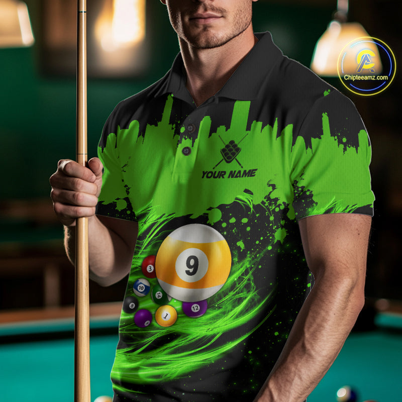 Man Wearing Custom Black and Green 9 Ball Pool Billiard Polo Shirt with Athletic Performance Fit and Bold Graphic Artwork, Front View