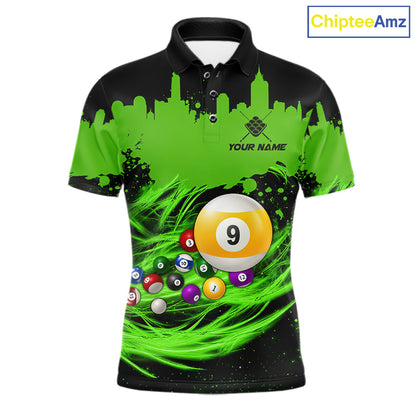Custom Black and Green 9 Ball Pool Billiard Polo Shirt Featuring Bold Modern Graphics for Pool League Players, Team Competition, and Tournament Events