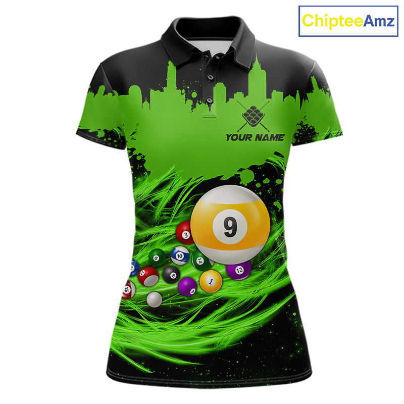 Custom Black and Green 9 Ball Pool Billiard Polo Shirt Featuring Bold Modern Graphics for Pool League Players, Team Competition, and Tournament Events