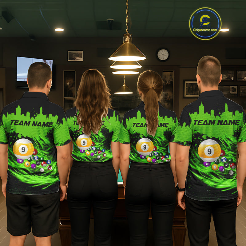 Pool Team Wearing Custom Black and Green 9 Ball Billiard Team Jerseys Featuring the Complete Back Artwork, Back View