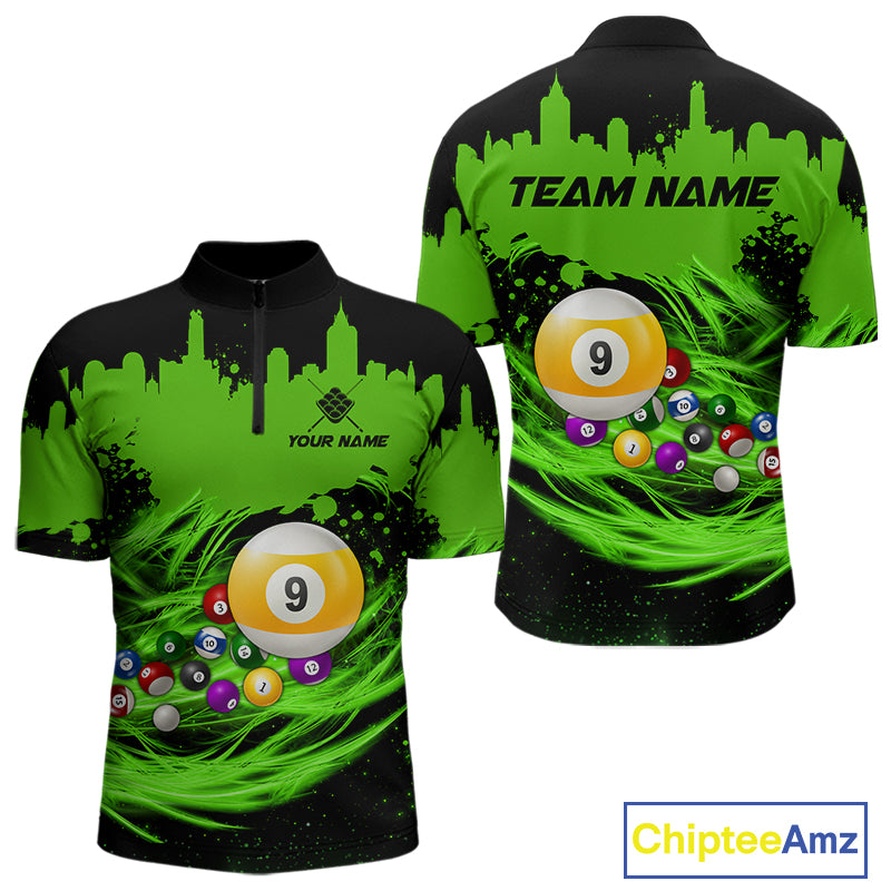 Custom Black and Green 9 Ball Quarter Zip Billiard Shirt Created for Pool League Teams with Performance Fabric and Modern Custom Jersey Design