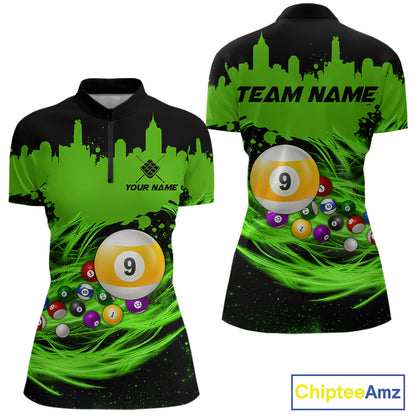 Custom Black and Green 9 Ball Quarter Zip Billiard Shirt Created for Pool League Teams with Performance Fabric and Modern Custom Jersey Design