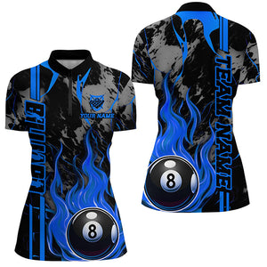 Personalized Flame 8 Ball Billiard Shirts For Women Best Billiard Team Shirts, Pool Jerseys | Blue TDM2564