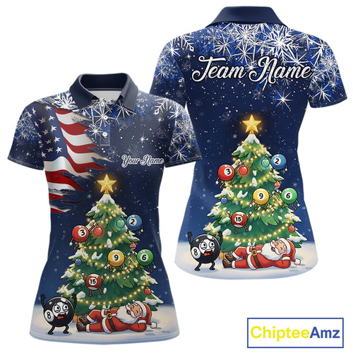 Funny Santa Christmas Billiard Shirts For Women Custom US Flag Xmas Pine Tree Pool Team Shirt TDM5289