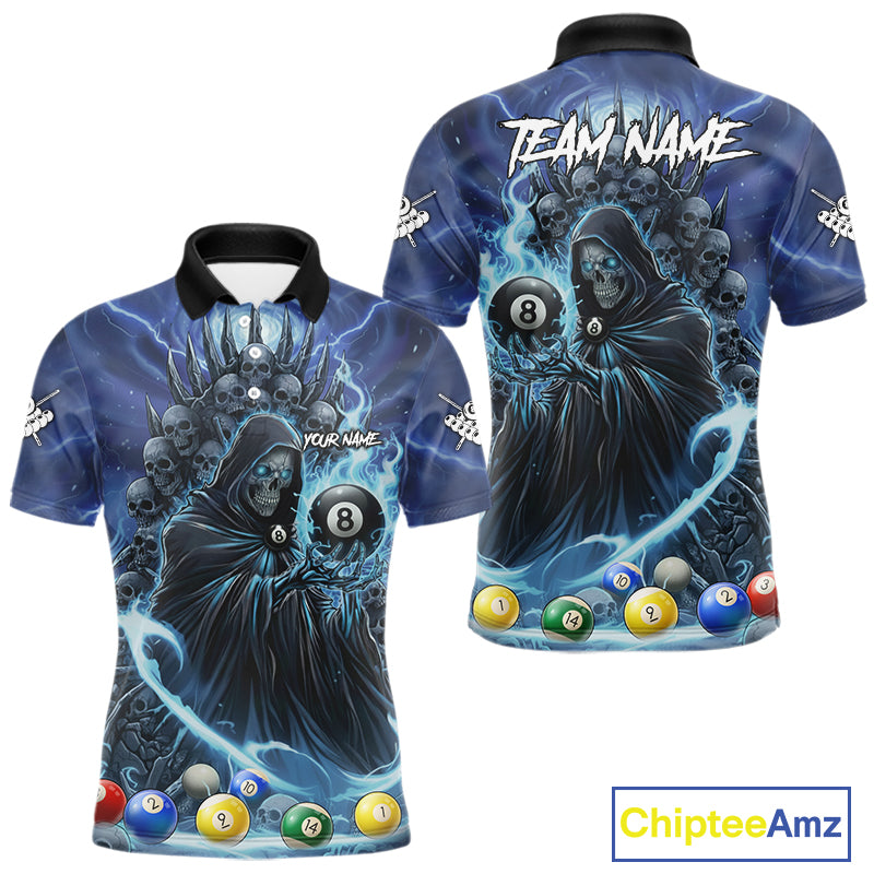 Blue Grim Reaper Lightning Billiard Shirt For Men Custom 8 Ball Pool Jersey Team Polo & 1/4 Zip TDM5292