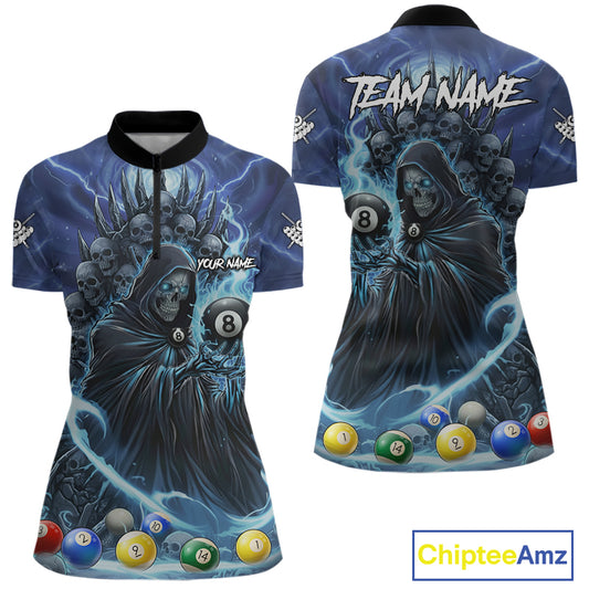 Blue Grim Reaper Lightning Billiard Shirt For Women Custom 8 Ball Pool Jersey Team Polo & 1/4 Zip TDM5292