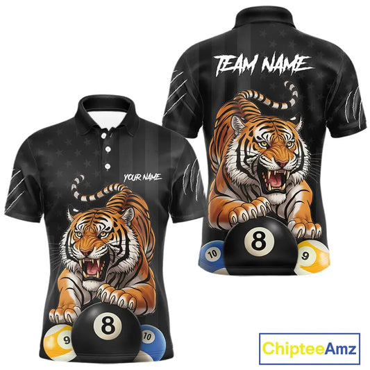 Funny Tiger 8 Ball, 9 Ball & 10 Ball US Flag Billiard Shirt For Men Custom Pool Team Jersey TDM5541
