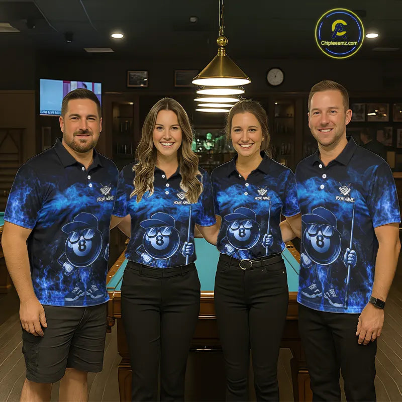 Blue Funny 8 Ball Pool Flame Smoke Billiard Shirt For Men Custom Billiard Team Jersey Uniform TDM5546