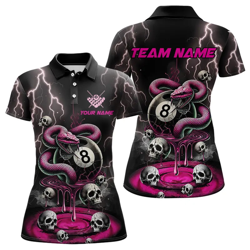 Pink And Black Thunder Lightning Skull Snake Billiard Shirts For Women Custom 8 Ball Billiard Jerseys TDM3627