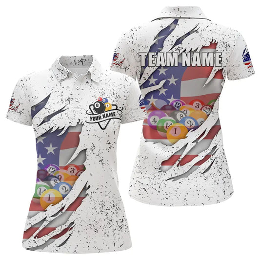 Personalized Grunge White American Flag Billiard Shirts For Women Custom 8 Ball Pool Billiard Jersey TDM3635
