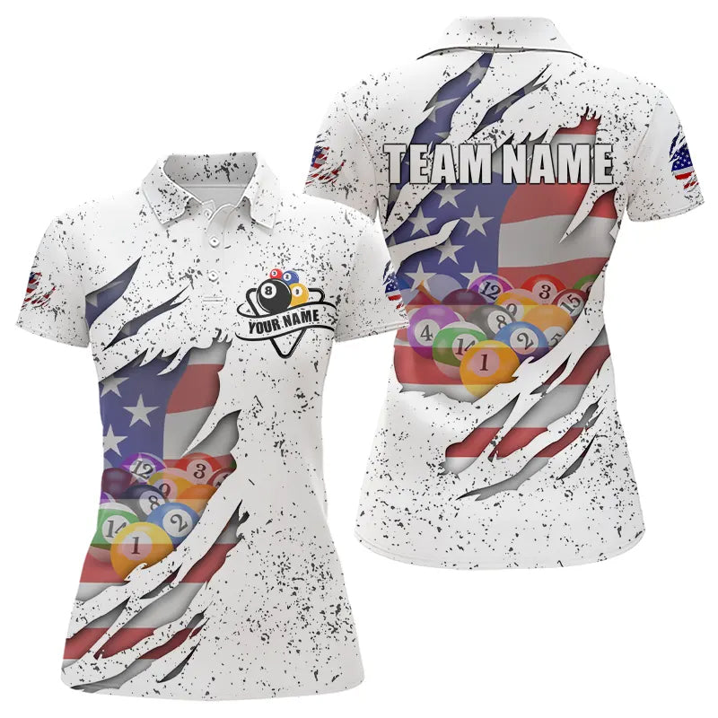 Personalized Grunge White American Flag Billiard Shirts For Women Custom 8 Ball Pool Billiard Jersey TDM3635