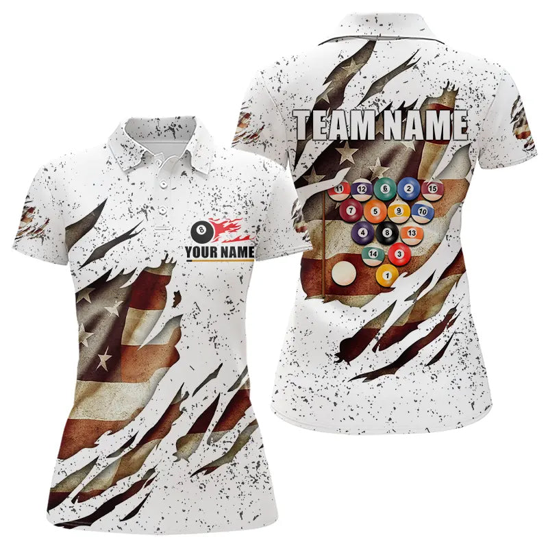 Billiard Ball Retro US Flag White Grunge Billiard Shirt For Women Custom 8 Ball Pool Billiard Jersey TDM3636