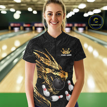 Load image into Gallery viewer, Black And Gold Custom Dragon Bowling Shirt For Women, Bowling Team Jersey Polo &amp; Quarter Zip TDM6165