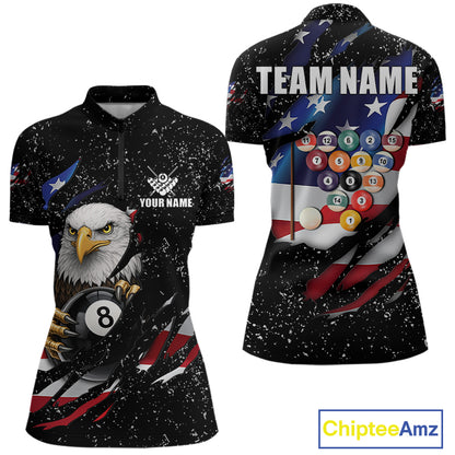 Black Grunge US Flag Eagle Billiard Shirt For Women Custom 8 Ball Pool Team Jersey Polo & 1/4 Zip TDM6404