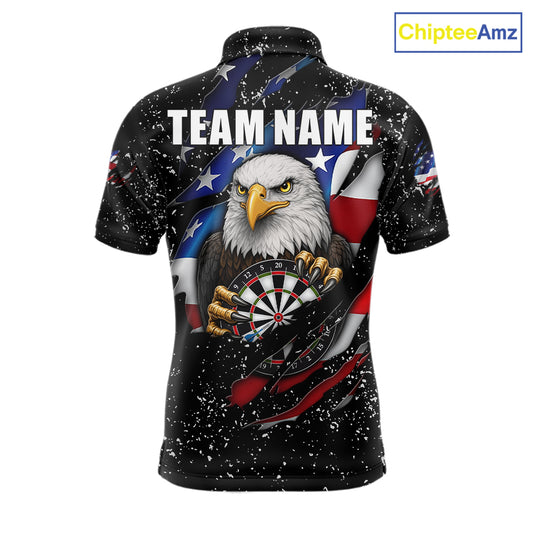 Custom Eagle Darts Jersey For Men, Black Grunge American Flag Patriotic Darts Shirt Polo & 1/4 Zip TDM6405