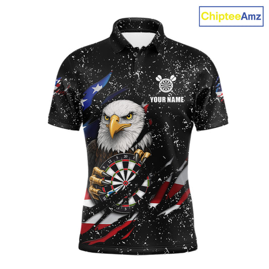 Custom Eagle Darts Jersey For Men, Black Grunge American Flag Patriotic Darts Shirt Polo & 1/4 Zip TDM6405