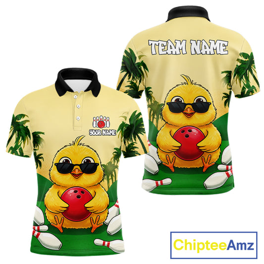 Polo shirt with a cartoon chick holding a bowling ball and sunglasses.
