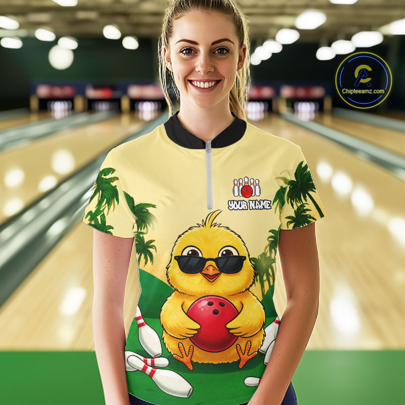 Custom Cute Chicken Summer Bowling Shirts For Women, Funny Bowling Team Jersey Polo & 1/4 Zip TDM6591