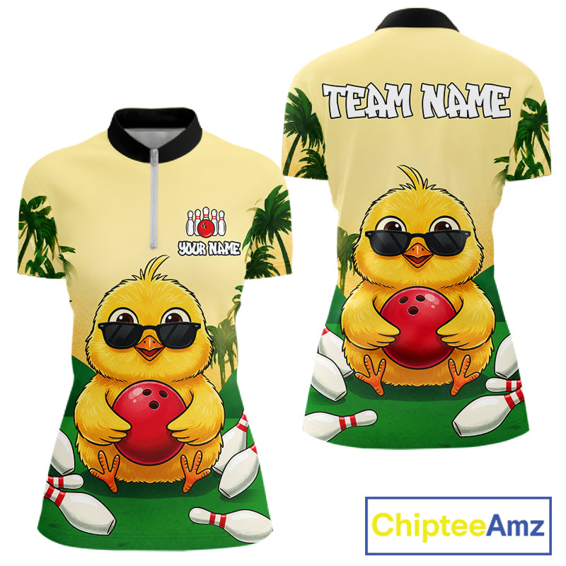 Custom Cute Chicken Summer Bowling Shirts For Women, Funny Bowling Team Jersey Polo & 1/4 Zip TDM6591