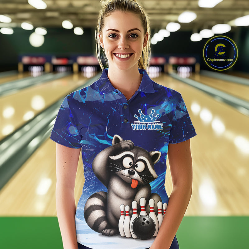 Personalized Blue Funny Raccoon Bowling Shirt For Women Custom Bowling Team Jersey Polo & 1/4 Zip TDM6594