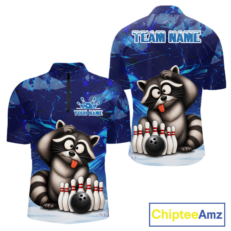 Personalized Blue Funny Raccoon Bowling Shirt For Men Custom Bowling Team Jersey Polo & 1/4 Zip TDM6594