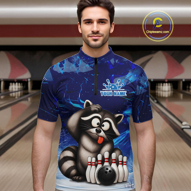 Personalized Blue Funny Raccoon Bowling Shirt For Men Custom Bowling Team Jersey Polo & 1/4 Zip TDM6594