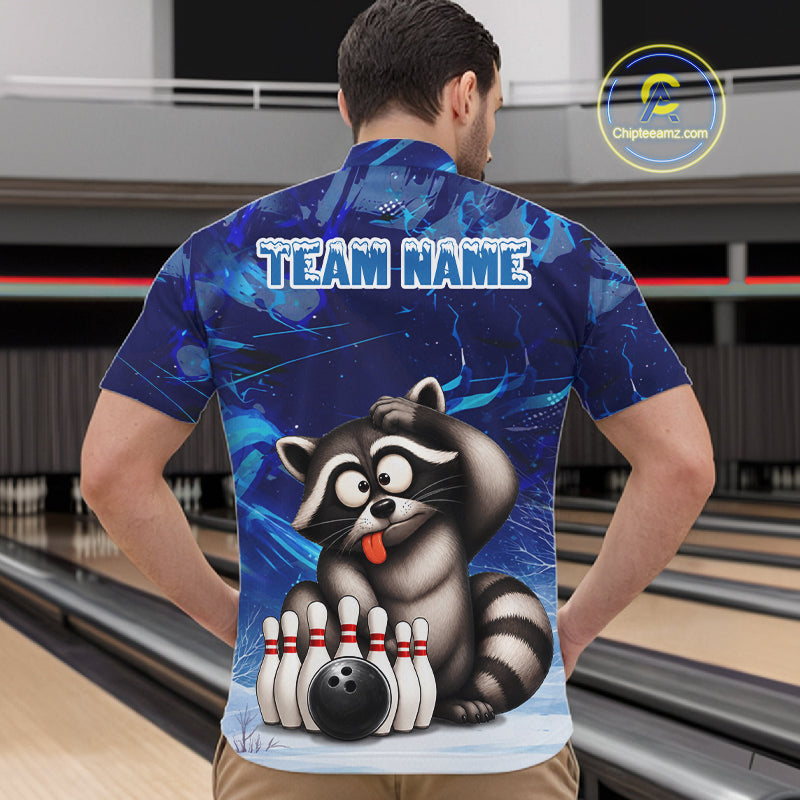 Personalized Blue Funny Raccoon Bowling Shirt For Men Custom Bowling Team Jersey Polo & 1/4 Zip TDM6594