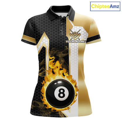 Gold flame 8 ball custom billiard polo shirt for women, personalized pool team jersey for tournaments.