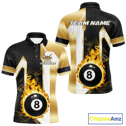Gold flame 8 ball pool team polo shirt with custom billiard graphics, personalized billiard team jersey.