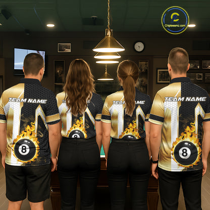 Back view of pool players wearing matching gold flame 8 ball billiard team shirts and custom pool jerseys.