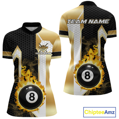 Gold flame 8 ball quarter zip billiard shirt for women, custom pool team jersey and tournament apparel.