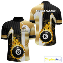 Load image into Gallery viewer, Gold flame 8 ball quarter zip billiard shirt for men, custom pool team jersey and tournament apparel.