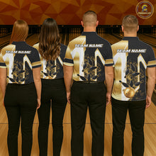 Load image into Gallery viewer, Back view of bowling team wearing matching black and gold bowling league jerseys.