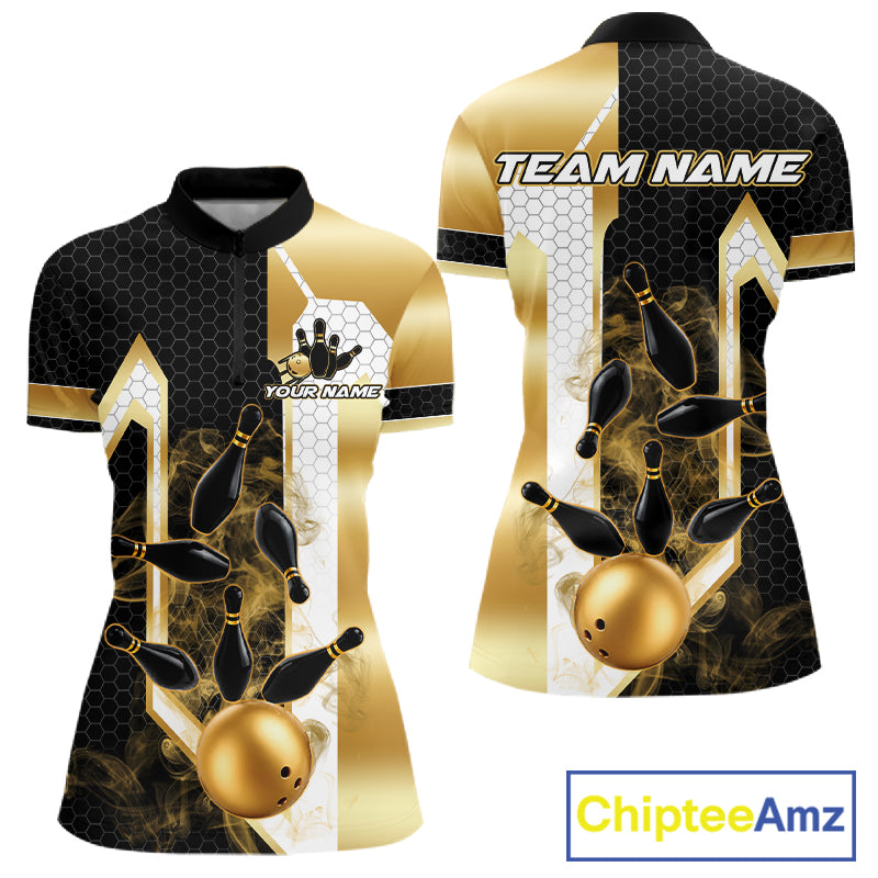Black and gold smoke bowling pin quarter zip bowling shirt for women, custom bowling team jersey and tournament apparel.