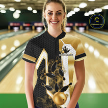 Load image into Gallery viewer, Woman wearing a black and gold smoke bowling pin quarter zip bowling shirt front view, personalized bowling team apparel.
