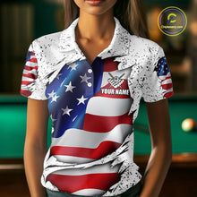 Load image into Gallery viewer, Woman wearing a white grunge American flag 8 ball custom billiard jersey front view, personalized pool team shirt.