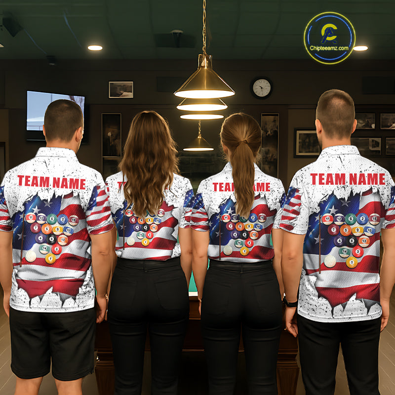 Back view of pool players wearing matching white grunge American flag 8 ball billiard team shirts and custom pool jerseys.