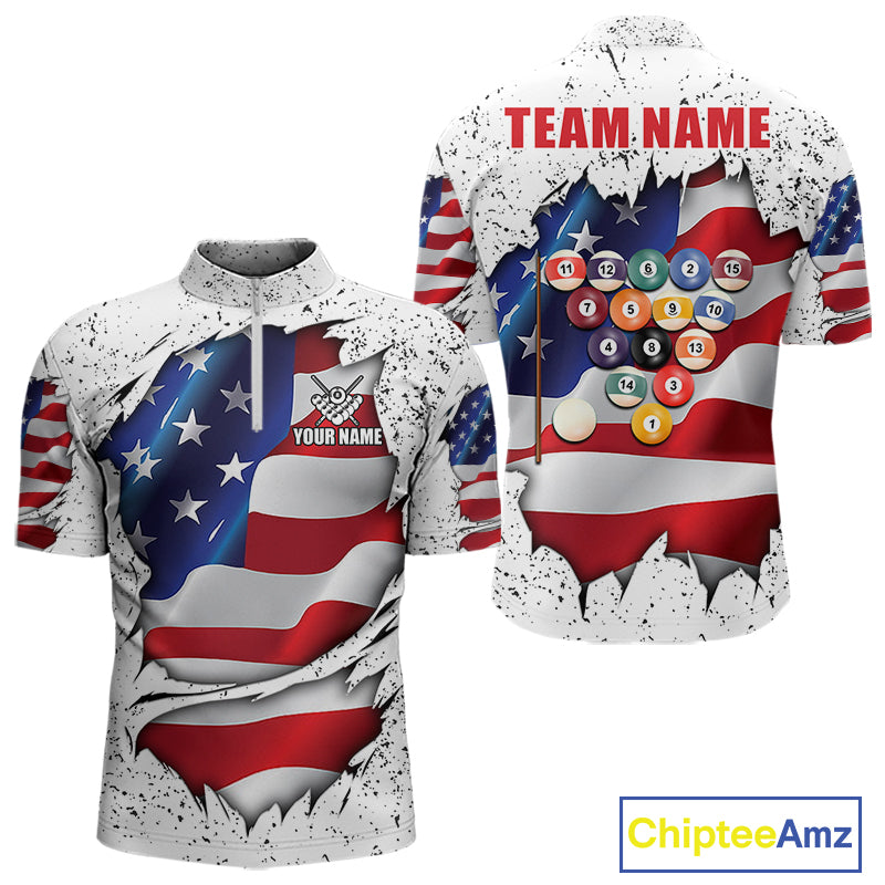 White grunge American flag 8 ball quarter zip billiard shirt for men, custom pool team jersey and tournament apparel.